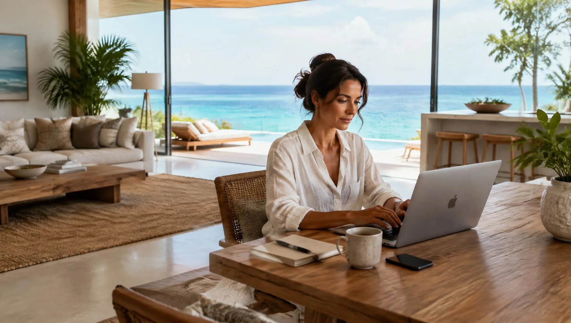 Mujer trabajando con su laptop en una residencia contemporánea con vista al mar Caribe